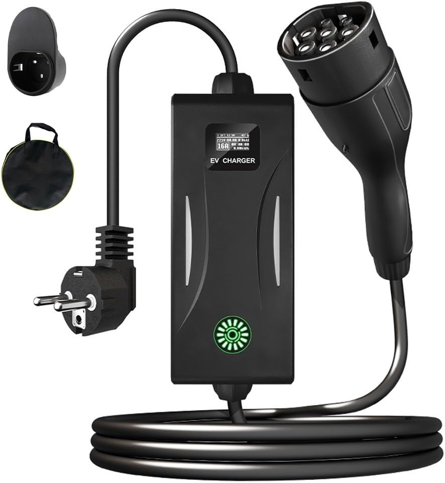 Cargador eléctrico doméstico y portátil para Coche Ajustable de Corriente 8A-16A, Cargador de Coche eléctrico 3.5kW/Cable de Carga Wallbox Tipo 2 con Pantalla LED/Temporizador de 1-10 Horas,5m