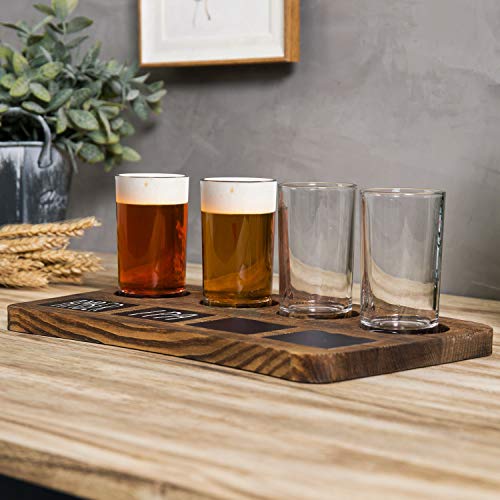 Mygift Beer Tasting Flight Sampler Set - Four 6 Oz Pilsner Pub Glasses And Dark Brown Wood Serving Tray And Chalkboard Labels #TOP3