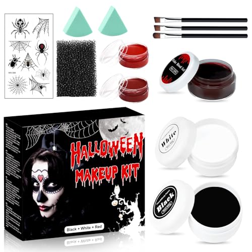 Allony Kit Maquillaje Halloween, Pintura Facial Halloween, Maquillaje Zombie, Maquillaje de Halloween, Maquillaje Halloween Profesional Negro, Blanco, Rojo, Sangre Falsa Gel y Herramientas