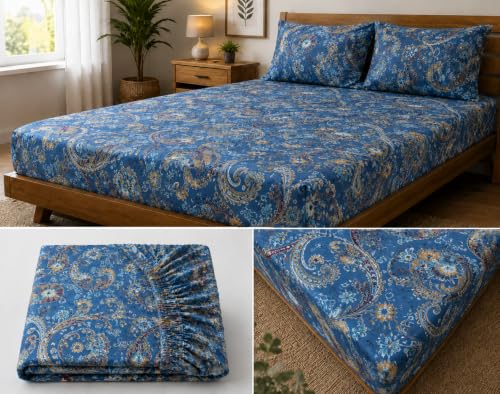 Image of Fitted Bedsheet Blue Paisley Floral Print Glace Cotton 210 TC | Single Size for Single Bed Fits 3 x 6.25 ft Mattress (36 x 75 Inch) | All Around Elastic | 2 Pillow Cover | 7 Inch Deep Pocket