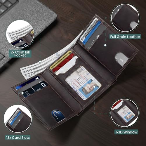Image of SERMAN BRANDS Trifold Wallet for Men - RFID Blocking Full Grain Leather, 11 Card Slots & ID Window, Slim Everyday Carry, Durable Stitching, Gift for Him