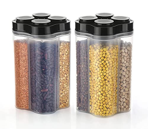 Image of Kitchenwell Multi-Purpose Airtight Transparent Plastic Lock Food Storage 4 Section Container Jar for Grocery, Fridge Container (Pack of 2, 2500ML -Black)