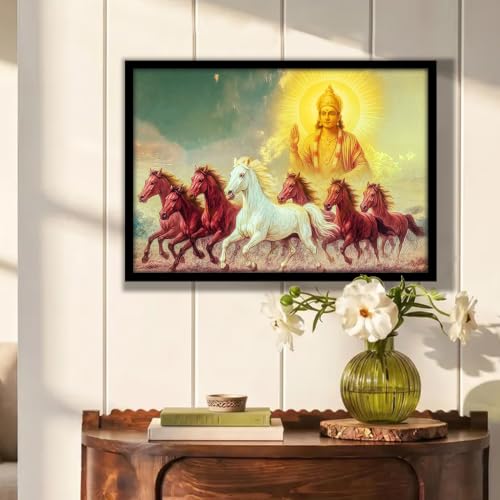 Image of PAINTINGMANRA Shurya Dev 7 Running Horses Framed Wall Art Painting For Living Room Seven Horse Vastu Feng Shui Poster with frame for Wall, Decoration item for bedroom, 13x17.5 Inch