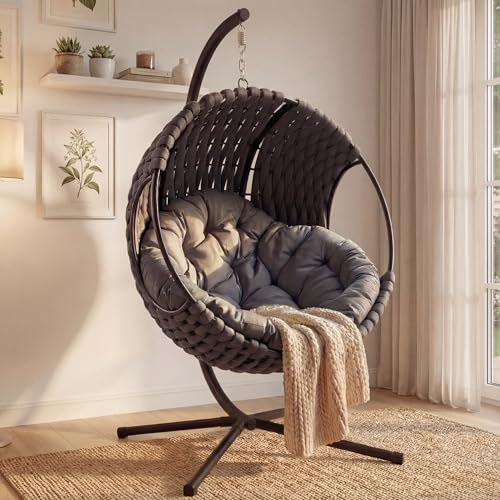 Blisswood Hanging Egg Chair Indoor & Outdoor, Swing Chair with Cushion & Stand, Foldable Hammock Chairs for Garden, Patio or Balcony, 150kg Weight Capacity (Dark Grey)