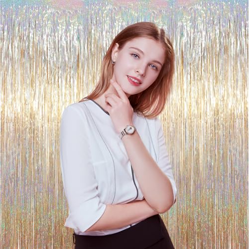 image for Voircoloria 3 Pack 3.3 x 6.6 ft Champagne Foil Fringe Backdrop, Tinsel