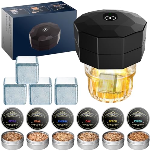Electric Cocktail Smoker Kit, Whiskey Smoker Set With 6 Wood Chips, Whiskey Stones, Rechargeable Cocktail Smoking Set, Old Fashioned Drink Smoker Kit, Whiskey Gifts For Men, Dad (Black- With light)