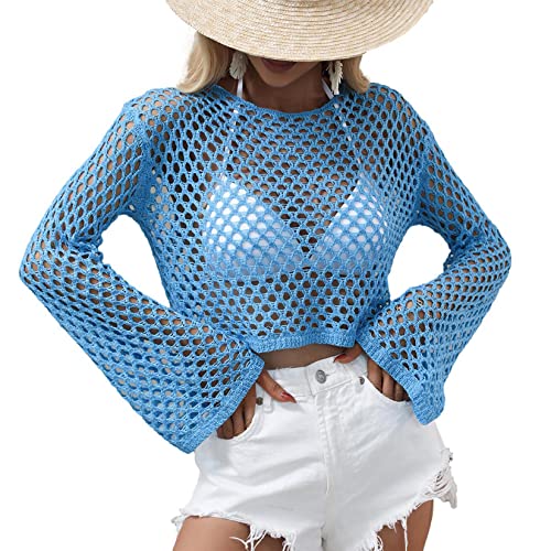Women Crochet Hollow Out Sweater See Through Fishnet Knit Pullover Cropped Tops