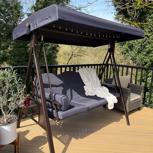 Image of PURPLE LEAF 3-Seat Deluxe Outdoor Patio Porch Swing with Weather Resistant Steel Frame, Adjustable Tilt Canopy, Cushions and Pillow Included, Navy Blue