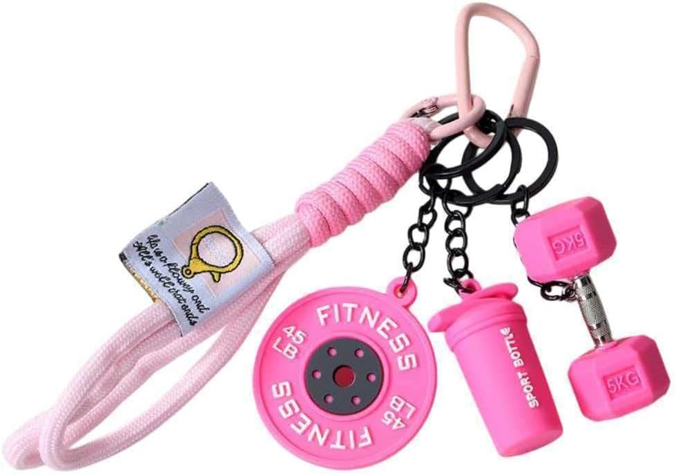 KIFEDSLJ Bottle and Dumbbell Keychain with Weight Plate Colorful Fitness Keyring for Women Men Bag Charms