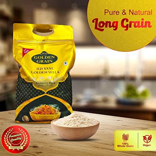 Image of GOLDEN GRAIN Golden Sella Basmati Rice 5Kg | Golden Sella Non Sticky Basmati Rice With Great Taste & Mesmerizing Aroma | Extra Long Grain | Natural Perfectly Aged | Chef's favourite Sella Basmati Rice