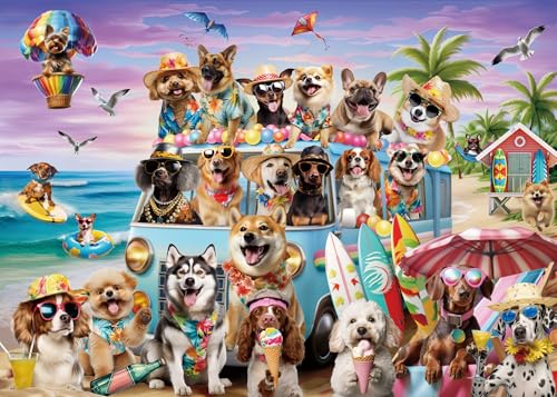 Funny Beach Dog Puzzles 1000 Pieces for Adults, Animal Dogs Jigsaw Puzzles for Adults Vacation, Holiday Puppy Bulldog Family Collage Jigsaw Puzzle as Home Decor