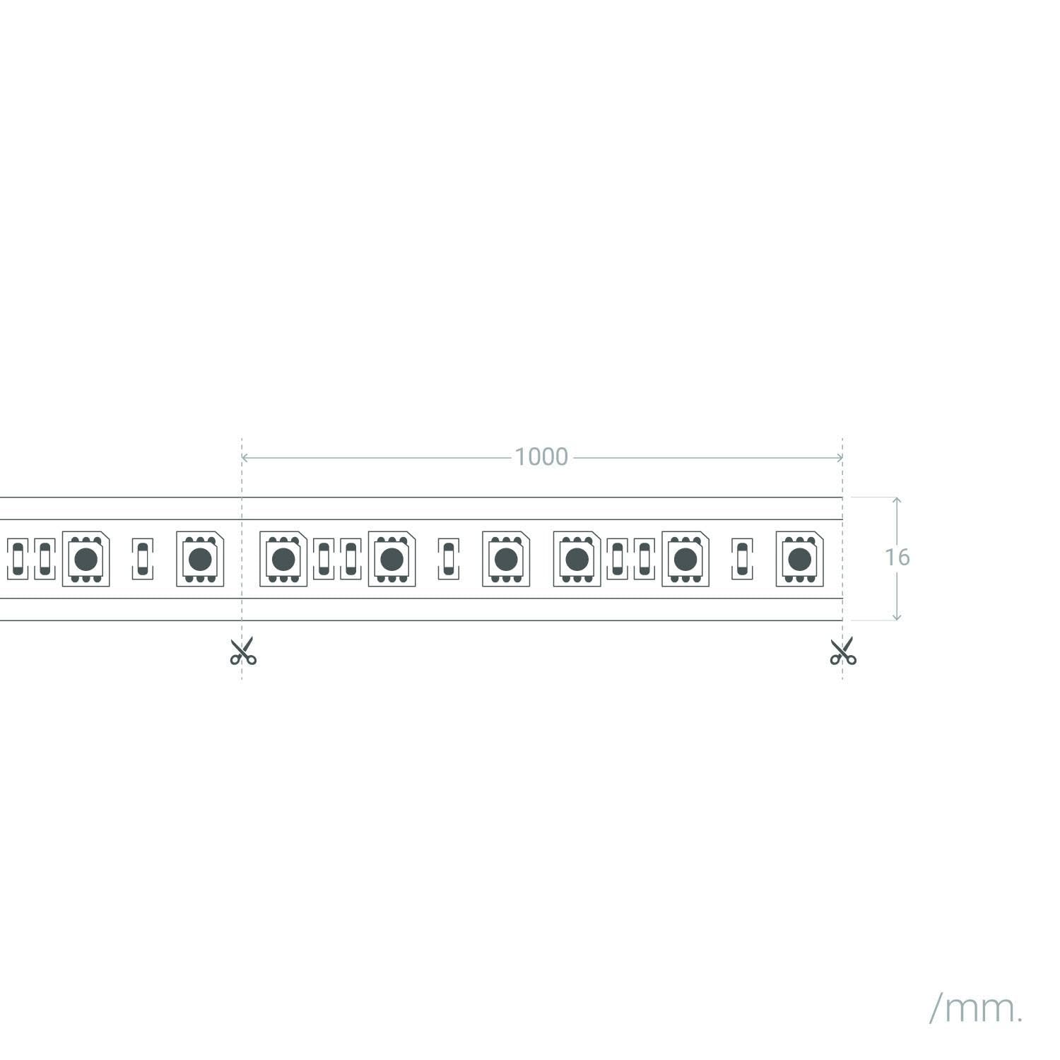 LEDKIA LIGHTING Bobina Striscia LED Dimmerabile 220V AC 60 LED/m 50m RGB IP65 Larghezza 16mm Taglio ad ogni 100cm 50 m120º