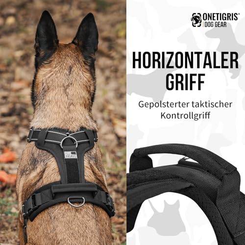 OneTigris Hundegeschirr, Diesel Einstellbar Taktisches Geschirr Weich Gepolstert Brustgeschirr für mittelgroße und große Hunde mit Reflektierend, 1 Griff, 3 D-Ringe (Schwarz, XL)