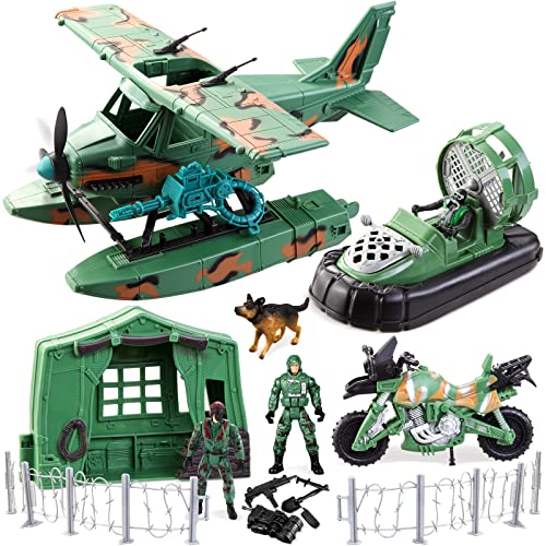 JOYIN Military Vehicles Toy Set of Friction Powered Seaplane, Combat Boat, Motorcycle, Military Camp, Army Men/Dog Action Figures, and Weapon Gear Accessories