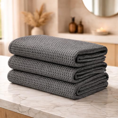 Image of SIMPARTE 270 GSM - Set of 3 - Shining Waffle Weave Microfiber Cleaning Towels - Highly Absorbent Lint Free Cloths for Car Cleaning Drying Polishing Detailing and Home Use (Grey)