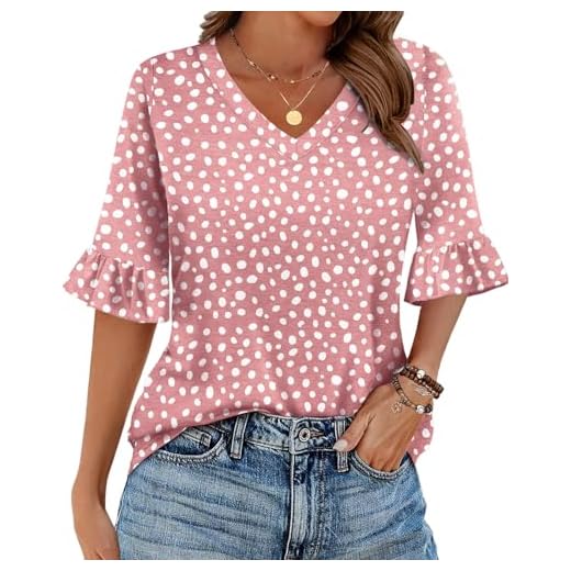 Zeagoo Blusa feminina casual gola V floral lisa túnica manga 3/4 P a 2GG, Bolinhas rosa, XGG