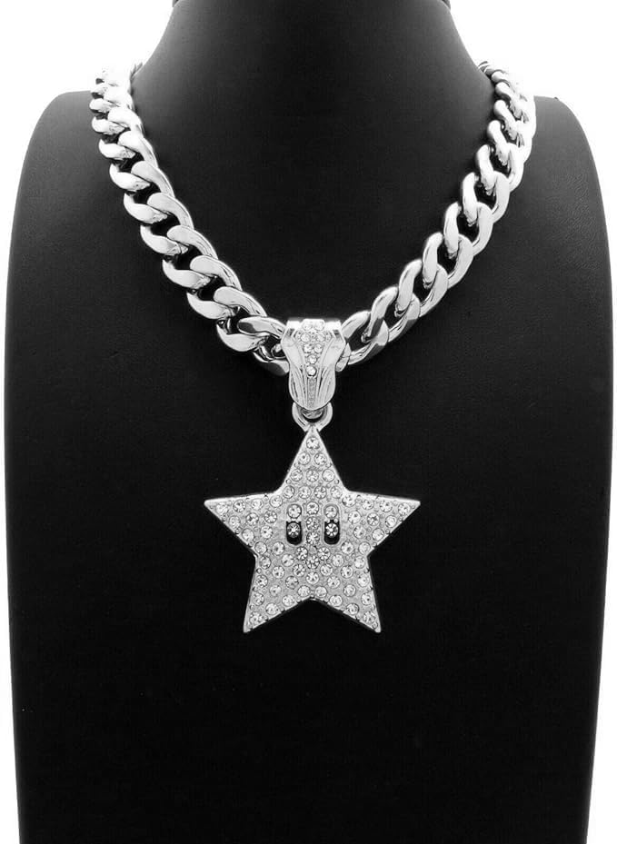 Gold Silver Plated MARIO STAR Iced Bling Charm Pendant 10mm 18" 20" 24" 30" Cuban Chain Bling Necklace Hip Hop Rapper Style Jewelry Accessory