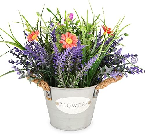 MIXROSE Fake Plants Purple Artificial Lavender Flowers in Galvanized Pot with Orange Daisy 10“ Height Realistic Faux Potted Plant for Home Office Living Room Patio Table Farmhouse Decor Indoor