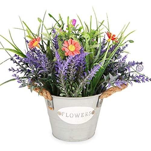 Artificial Lavender Plant 10" Purple Flowers with Orange Daisy in Galvanized Pot - Farmhouse Decor for Home Living Room Bedroom Bathroom Coffee Table