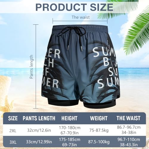 Image of PROBEROS Swim Trunks for Men, Quick-Dry Polyester Beach Shorts with Inner Lining, Elastic Drawstring Waist, Tropical Palm Leaf Fashion Lightweight Beach Wear for Swimming, Vacation & Traval, 3XL