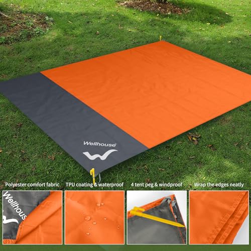 wellhouse Sandproof Beach Blanket,Camping Mat Waterproof Picnic Blankets with Floating Waterproof Phone Pouch Washable Rug for Travel Hiking Music Grass BBQ (Orange) - image 3