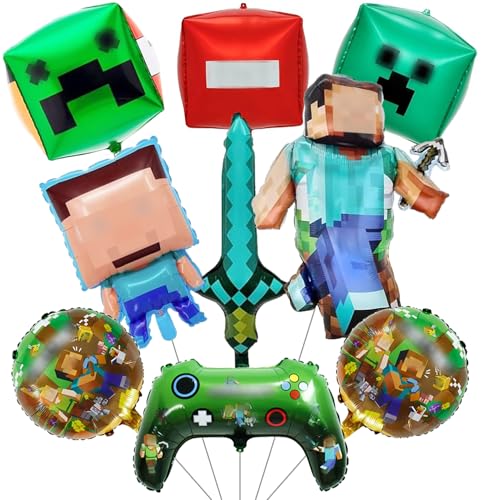Conjunto de decoração completo para festas de crianças, 9 peças, tema Miner com balões, figura de folha Miner e presente, reutilizável para festas de aniversário, festas de gamer, decorações para
