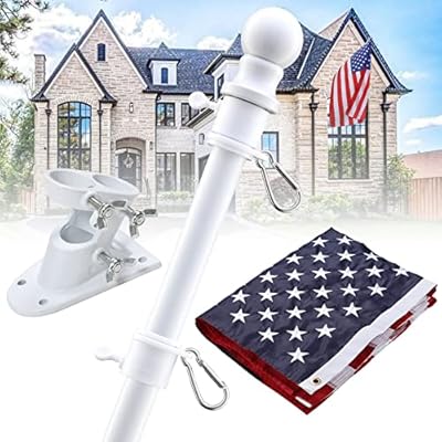 Flag Pole with American Flag - Tangle Free Flag Poles for Outside House with 3x5 Embroidered US Flags,Flagpole Holder Bracket - 5ft Heavy Duty Outdoor Flag Pole Kit for Porch - White