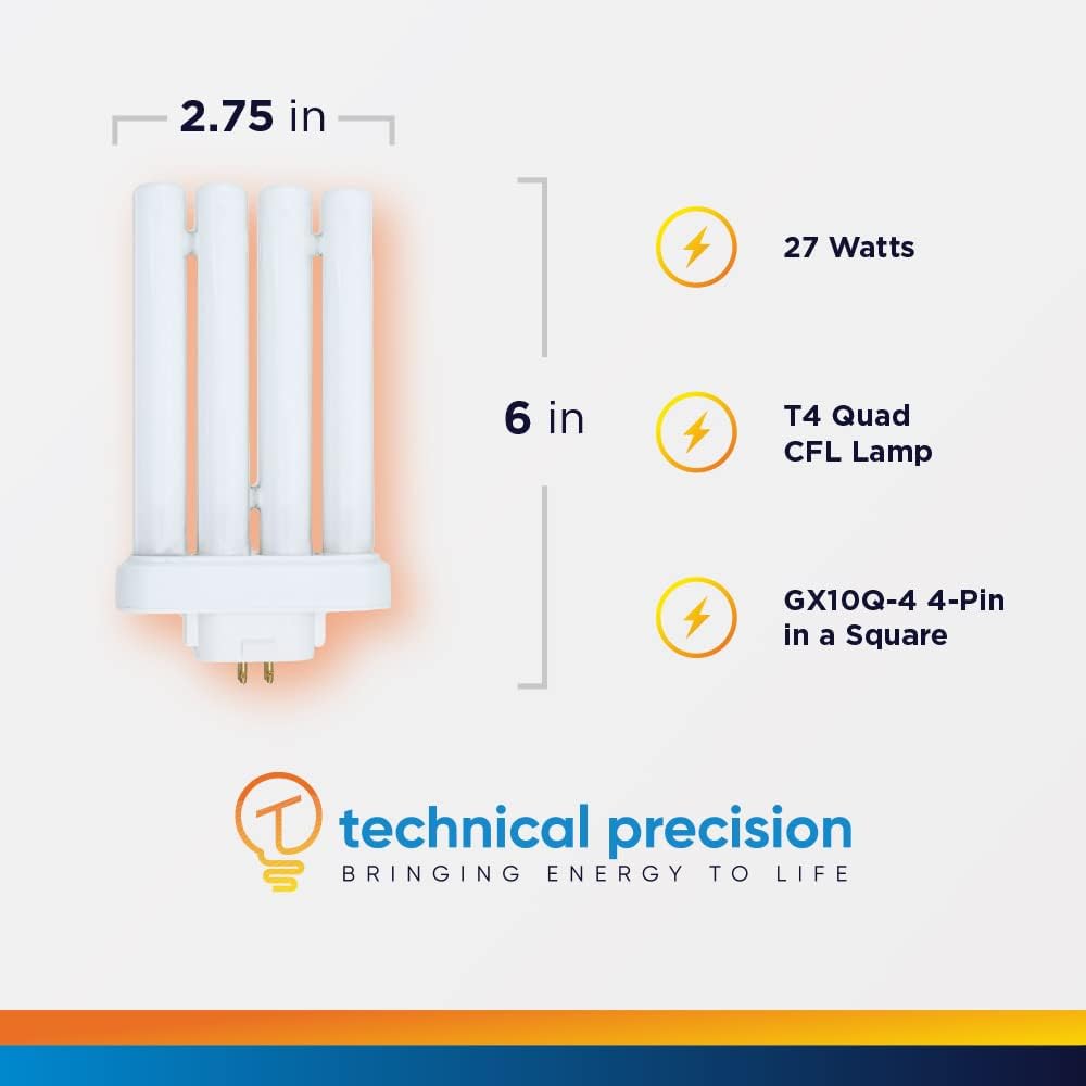 Technical Precision 27W 6500K Four Tube Fluorescent Bulb - FML Lamp 27 Watt Light Bulb Replacement with GX10Q-4 4-Pin Base in a Square - Daylight - Quad Tube CFL 6500k High Vision Table Lamp - 1 Pack