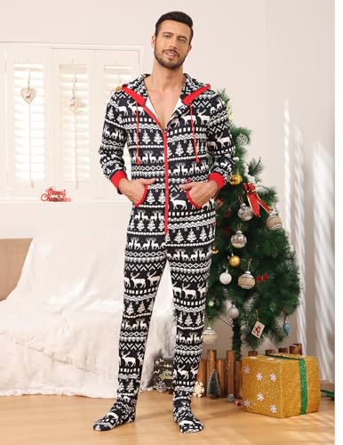 Image of Veseacky Family Christmas Pajamas Matching Sets Adult Onesie Zipper Hooded Footed One-Piece Pjs Jumpsuits