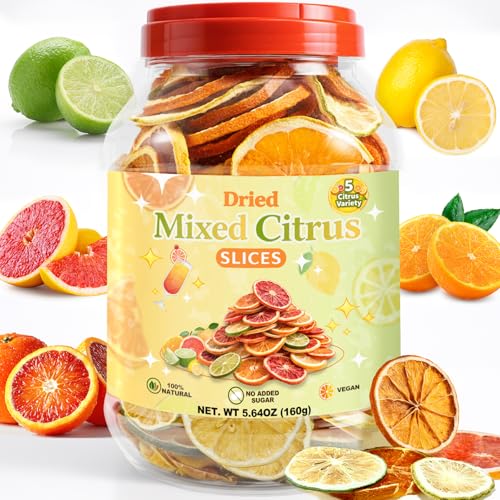 80+ Mixed Dried Citrus Slices – 5 Varieties Dehydrated Citrus With Orange, Lemon, Lime, Grapefruit & Blood Orange Slices – Natural Dried Fruit for Cocktail Garnish, Tea, Baking & Drink Decoration – 5.64 oz (160g)