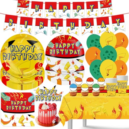 104Pcs Birthday Party Decorations Tableware Set Yellow Lightning Themed Decorations Kit with Happy Birthday Banner Plates Cups Napkins Tablecloth Balloons Cupcake Toppers and Cake Topper