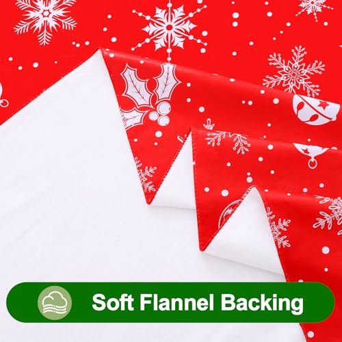 Image of Smiry Christmas Table Cloth, Flannel Backed Vinyl Tablecloth, 60 inchx120 inch | Waterproof Bell & Snowflake Plastic Tablecloths, Wipeable Table Cover for Christmas Table Decorations (White & Red)