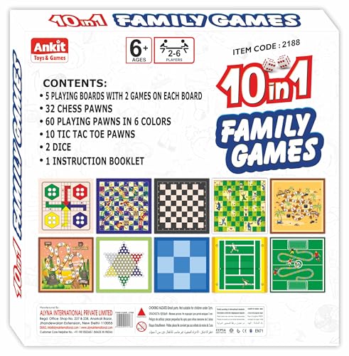 Image of Ankit Toys and Games 10-in-1 Family Board Games Set - Ludo, Chess, Snakes & Ladders, Tic-Tac-Toe & More | Fun Strategy & Educational Game for Kids & Adults