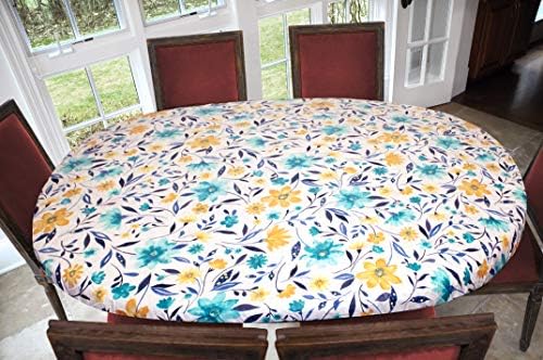 Covers For The Home Deluxe Elastic Edged Flannel Backed Vinyl Fitted Table Cover - Floating Floral Pattern - Oblong/Oval - Fits Tables up to 48" W x 68" L