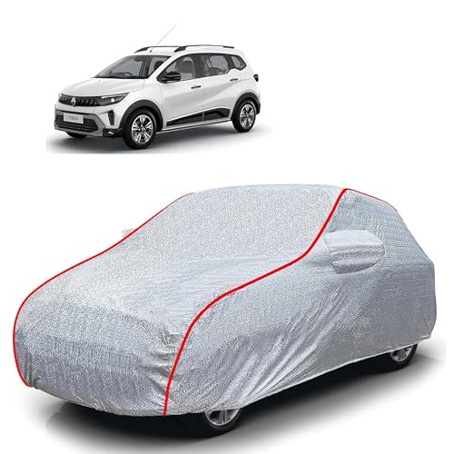 Image of Sulfar 100% Waterproof Car Body Cover Compatible with Mirror for Renault Triber (Triple Stitched, Full Bottom Elastic, Magic Silver with Red Piping)