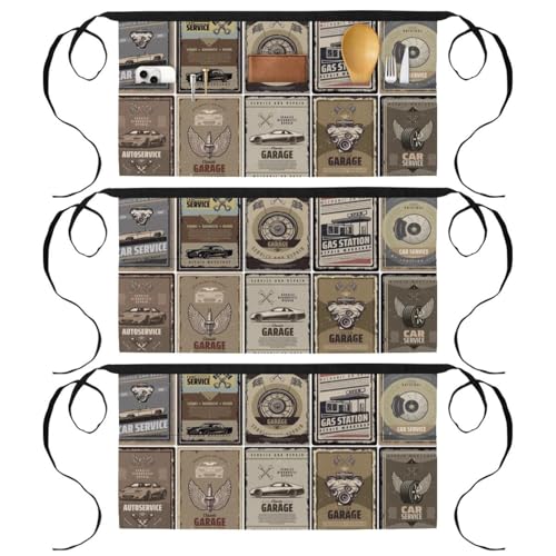 Lot de 3 tabliers courts de serveur avec 3 poches au motif de cartes vintage