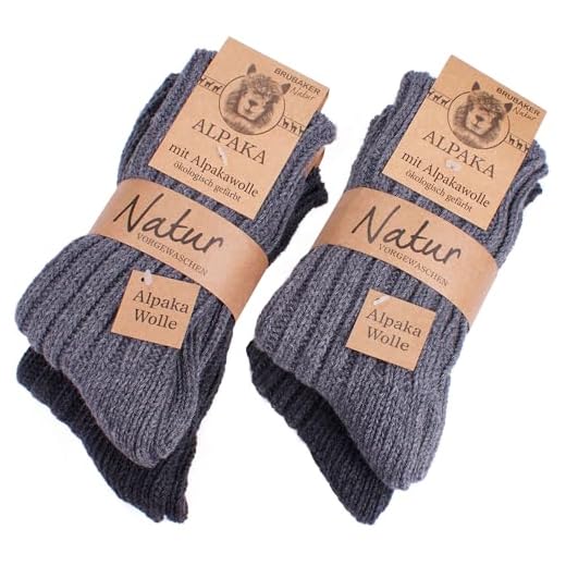 Brubaker Chaussettes tricotées en Alpaga - Lot de 4 Paires - 100% Laine d'alpaga - Unisexe - 39-42 - Gris