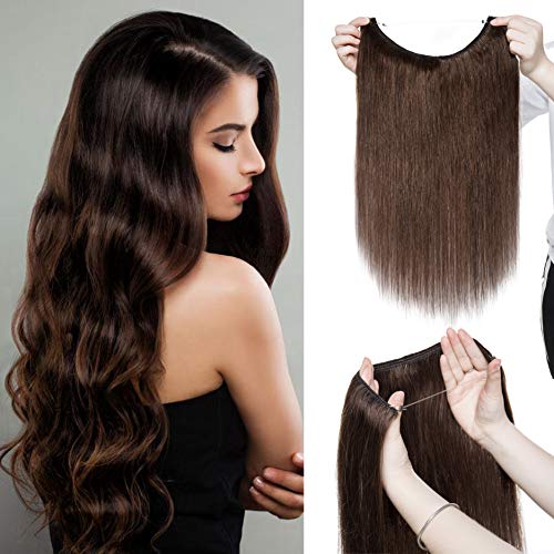 S-noilite Wire Human Hair Extensions with 2 Clips 16" 60g Secret Crown Hair Extension Adjustable Fish Line Hair Extension Invisible Flip Remy Hair Extension For Women #4 Medium Brown
