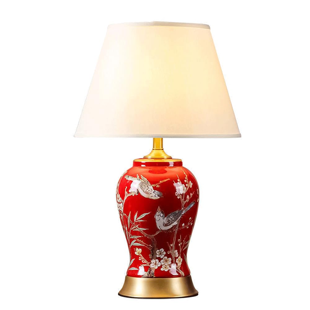 SANBDDLYY Chinese Handmade Red Bird Ceramic Table Lamp - Elegant Bedside for Bedroom, Office, and Living Room