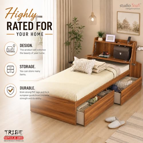 Image of Studio Kook Tribe Headboard Storage Engineered Wood Single Bed with Drawers (Amber Walnut, Right Side Drawer)