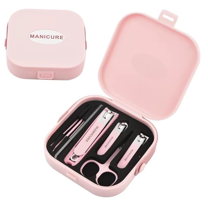 agabani nail care set – 8 pcs stainless steel manicure pedicure kit for women, includes nail cutter, scissors, tweezers, nail file, cuticle pusher, earpick & multi-tool with compact travel case for home (pink)