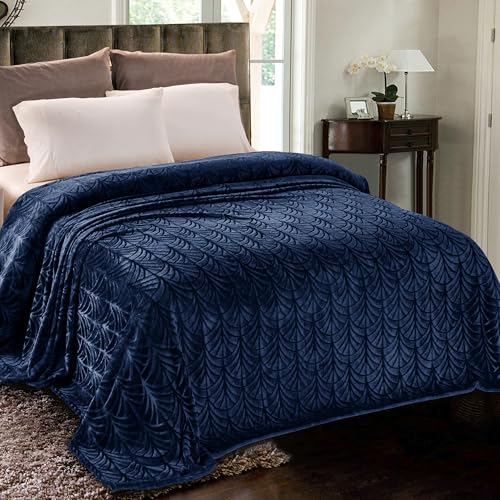 Whale Flotilla Flannel Fleece Queen Size Blanket for Bed, Soft Fluffy Velvet Bedspread Coverlet with Decorative Vintage Pattern for All Season, Warm and Lightweight, 90x90 Inch, Navy Blue