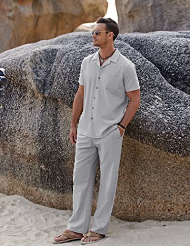 Image of COOFANDY Men 2 Piece Linen Outfit Beach Button Down Shirt Casual Loose Pant Sets