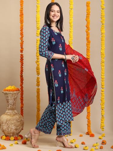 Image of GoSriKi Women's Rayon Blend Straight Printed Kurta with Pant & Dupatta