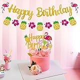 Hawaiian Flamingo Happy Birthday Decorations Banner and Cake Topper Marwey Pineapple Palm Leaf Tropi