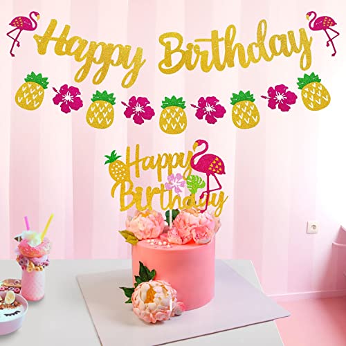 Hawaiian Flamingo Happy Birthday Decorations Banner And Cake Topper Marwey Pineapple Palm Leaf Tropical Party Supplies Pink Glitter Décor #TOP8