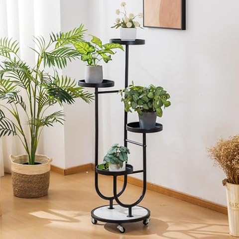 CHPHI Tall Plant Stand Indoor Outdoor, 4 Tier Metal Plant Stand Indoor with Wheels,Corner Metal Plant Shelf for Multiple Plants – Stylish and Durable Plant Stand for Home and Office（Black） Cover