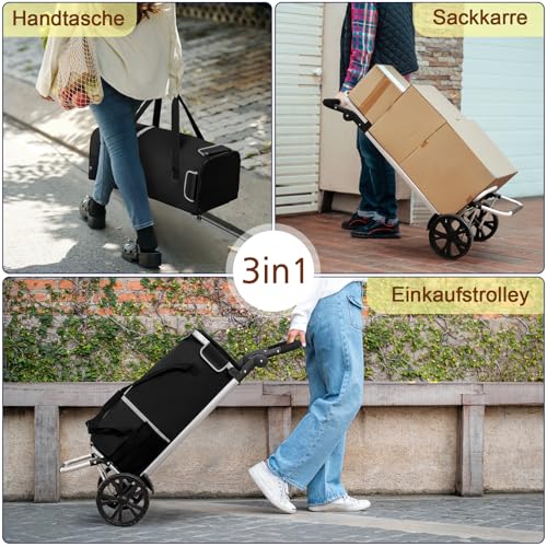 AMHANCIBLE Einkaufstrolley, Einkaufswagen mit Kühlfach, 50 Liter, 3in1klappbar Trolley, Einkaufstasche mit Rollen, Handwagen, Tasche abnehmbar, Schwarz EHSC01BK – Bild 4