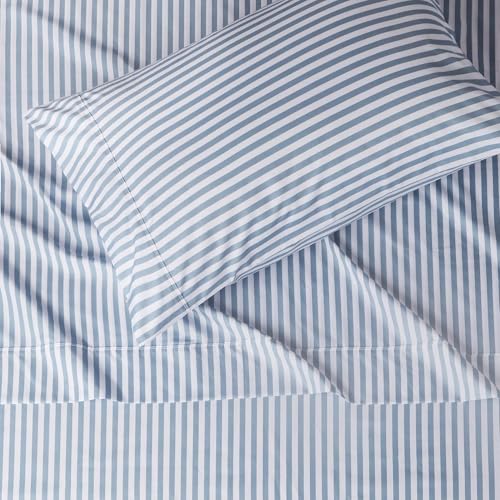 Image of Amazon Basics Breathable, Brushed Microfiber Wrinkle Resistant 3 Piece Bed Sheet Set with 14-Inch Deep Pockets, Twin, Dusty Blue Pinstripe, Printed