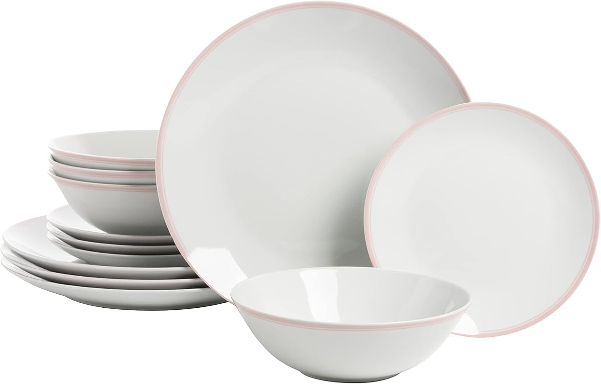 10 Strawberry Street Coupe Double Line 12 Pc, Pink Dinnerware Set, Misty Rose,SM-1200-CP-P